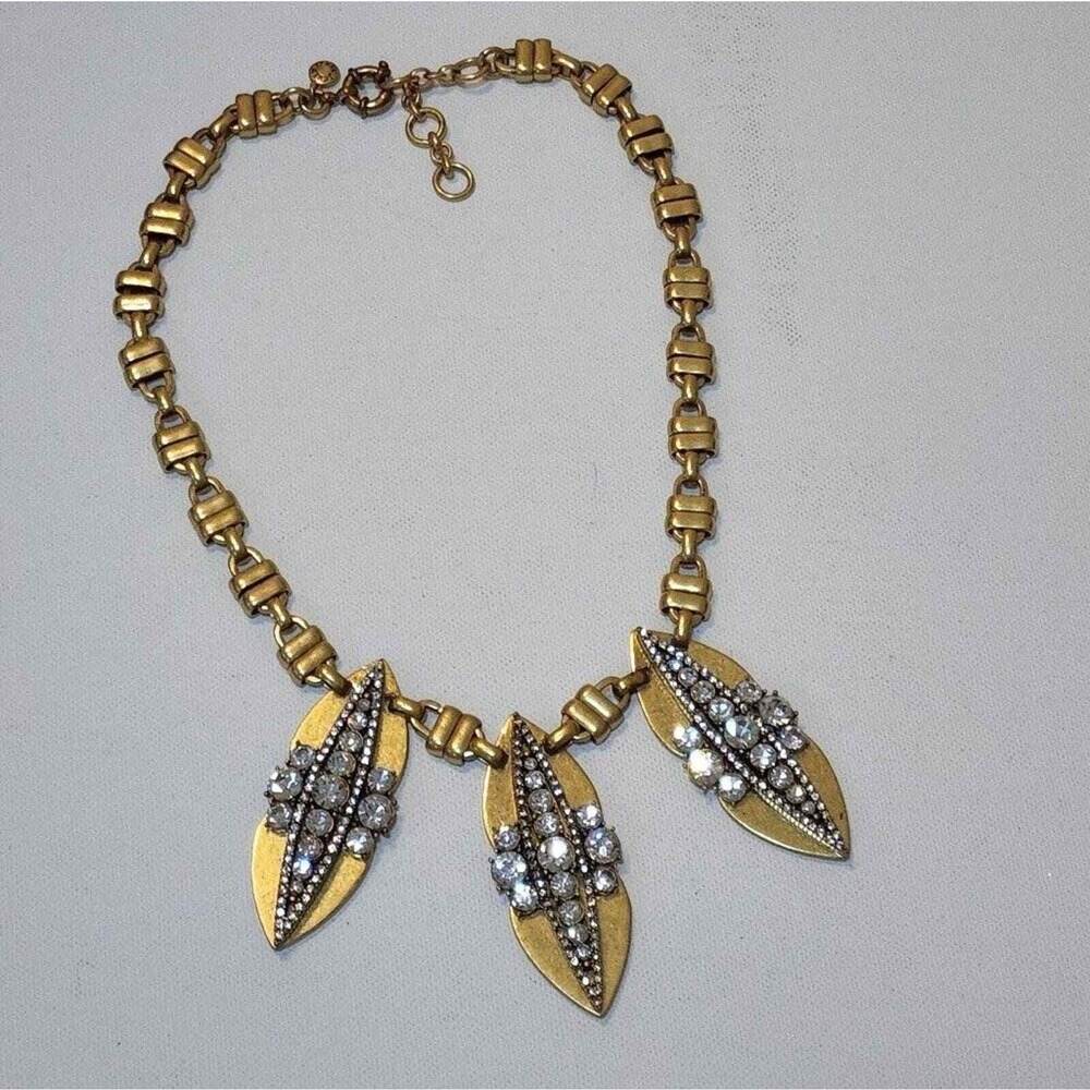 J. Crew Antique Gold Tone Crystal Leaf Statement Necklace Marquise Pendants New - Picture 9 of 10